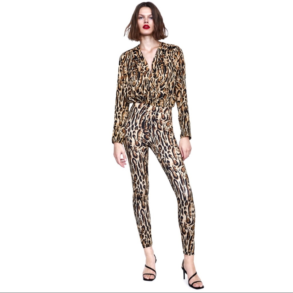 Zara Leopard Print Deep V Neck Bodysuit